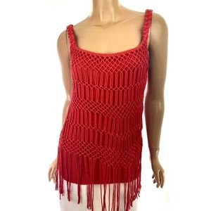 Edun Macrame Fringe Top Blouse Size M Brick Red Sleeveless Spaghetti Straps